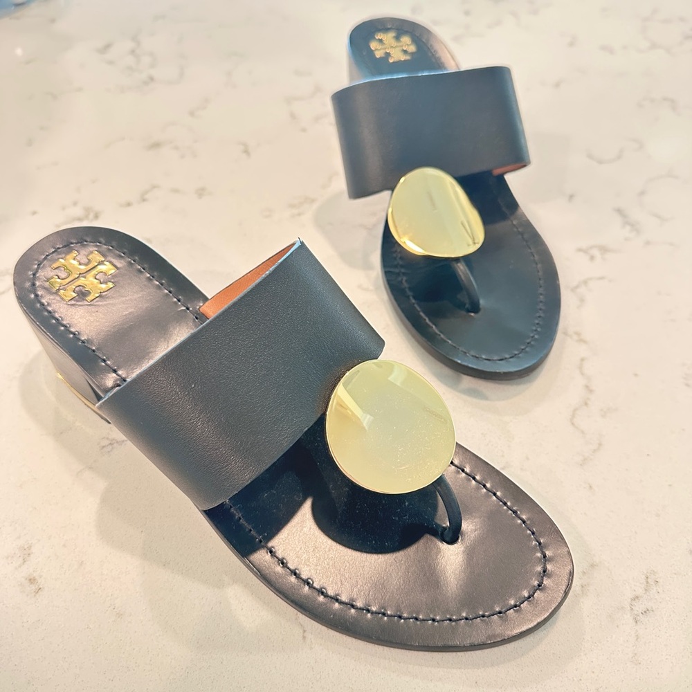 Tory Burch Black Sandals with Gold Accents